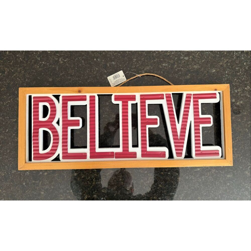 NWT Christmas Believe Wall Decor Sign Wood and Metal 9”x24”